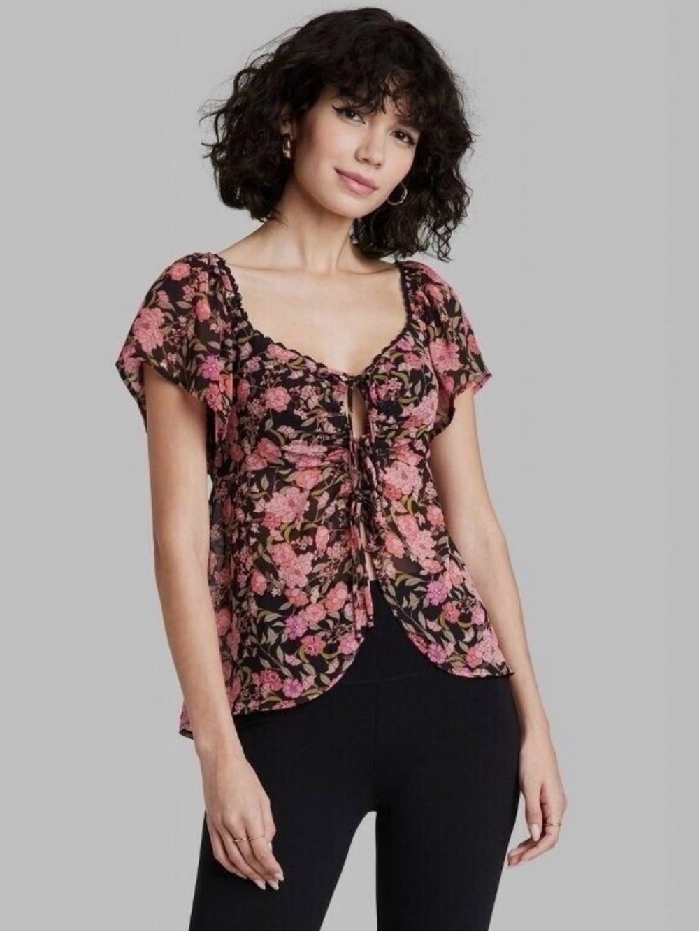 Wild Fable NWT Black & Pink Floral Tie Front Chiffon Blouse